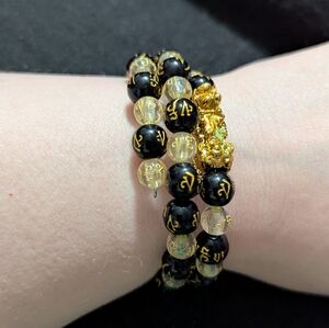 Gold Tone Black And Cream Dragon Beaded Memory Wire Statement Bracelet